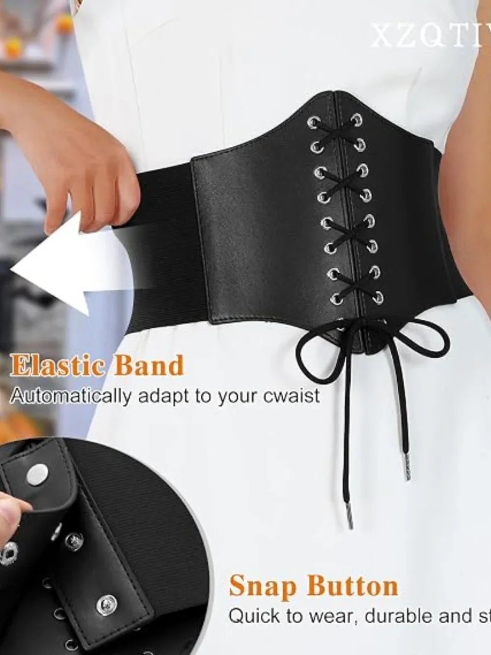 Black Corset Waist Belt for Women, Wide Elastic Tie Waspie Belt for Dresses 4.7i